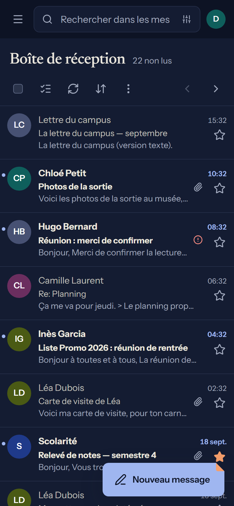 La boîte de réception de Colombe sur téléphone : messages avec avatars à initiales et bouton « Nouveau message ».