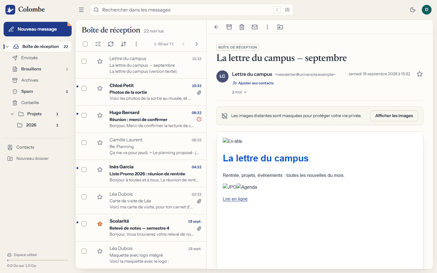 Un message ouvert dans Colombe : un bandeau indique que les images distantes sont masquées, avec un bouton « Afficher les images ».