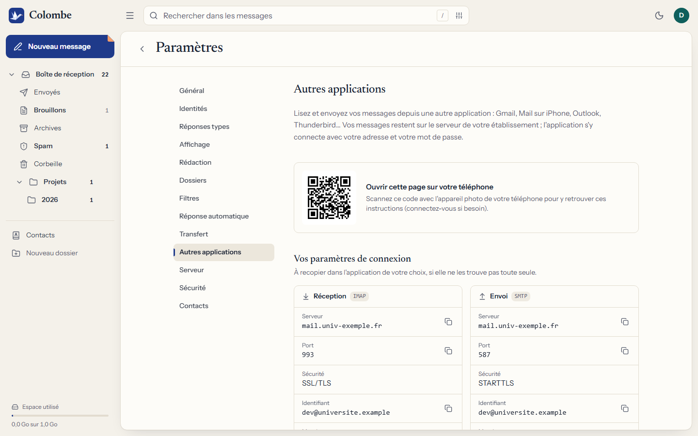 L’onglet « Autres applications » des paramètres : code QR, puis serveurs, ports, sécurité et identifiant pour la réception (IMAP) et l’envoi (SMTP).